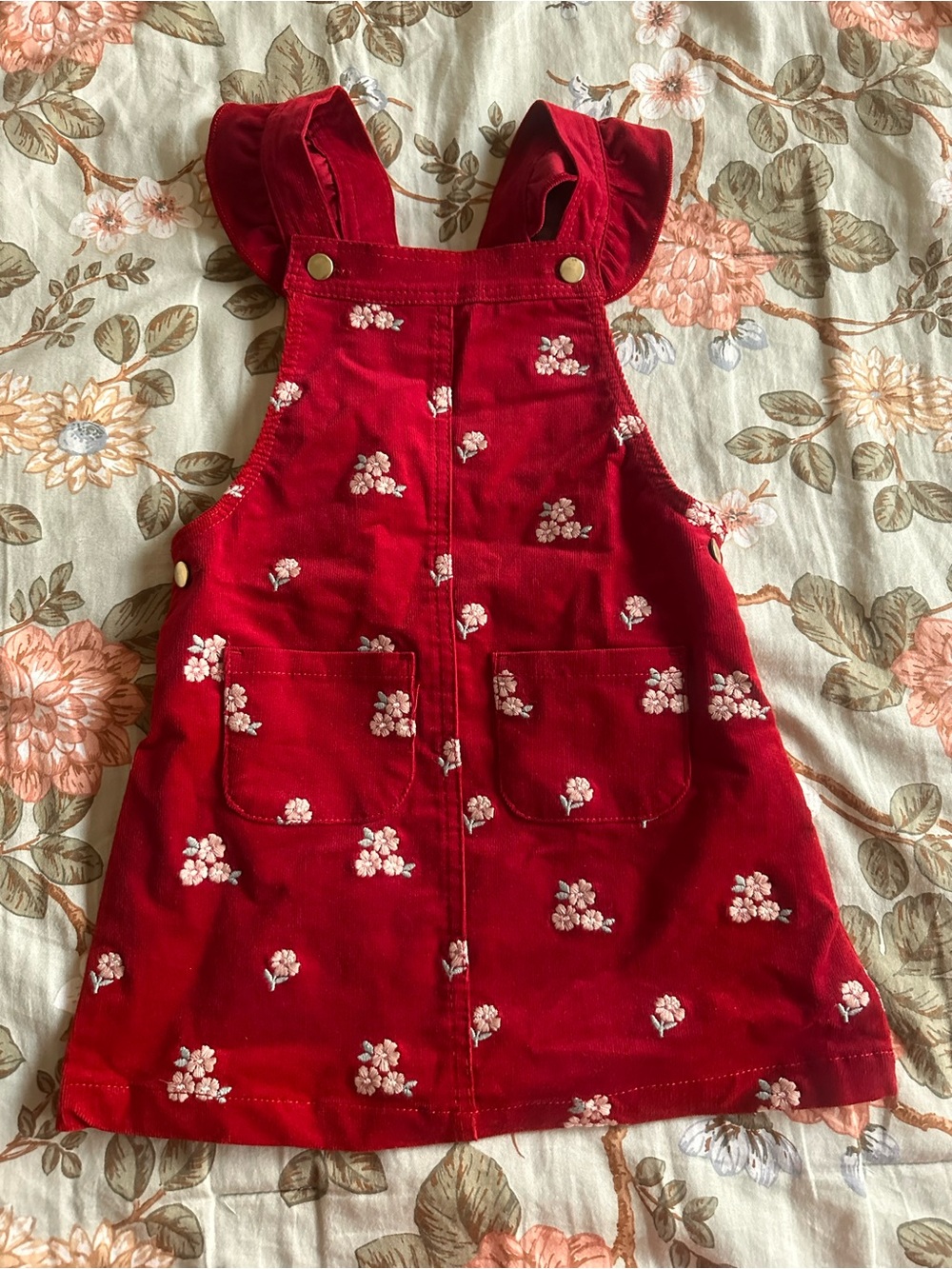 Cupcakes and cashmere Red Floral Corduroy Kids Pinafore Dress 4T